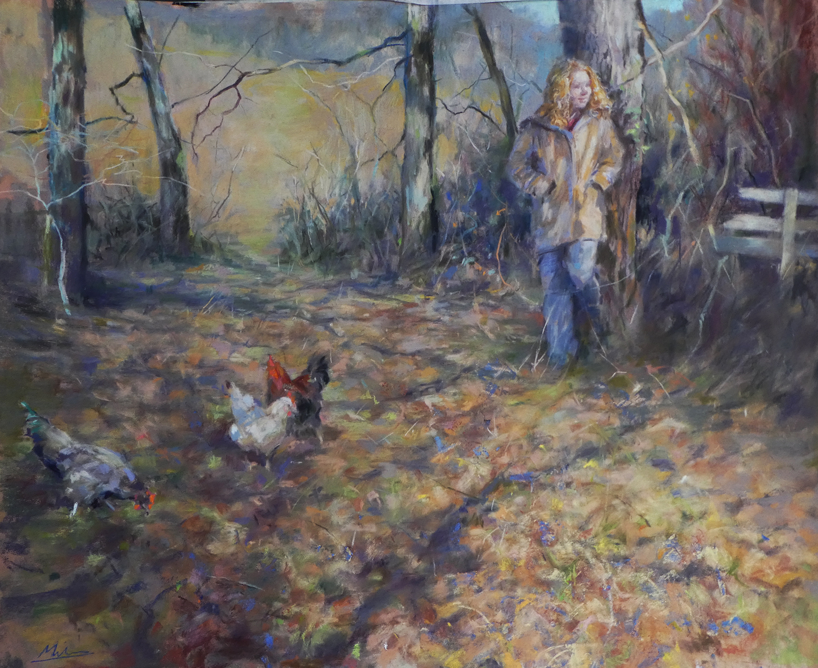 Fille et ses poules dans les bois debut de printemps penelope milner artiste