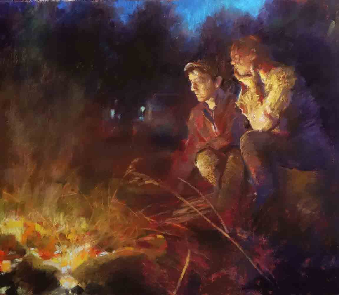 figureative pastel painting couple in firelight. Penelope Milner