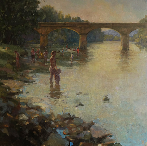 People bathing by the river at Cenac on the Dordogne.