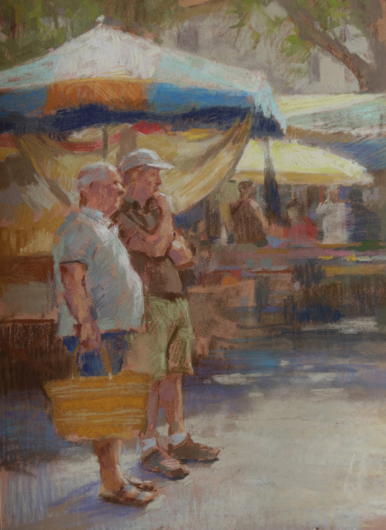 deux hommes au marché de Cazals pastel atelier.